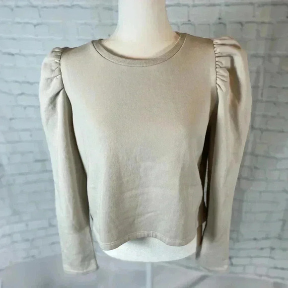 Zara stone cream color puff sleeve sweatshirt fleece woman’s size L pullover top - Picture 1 of 15